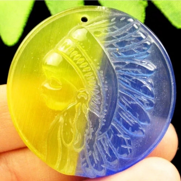 Hand Crafted Other - 42x8.4mm Carved Blue Yellow Cat Eye Gem Indian Head Pendant Bead Unisex Tribal